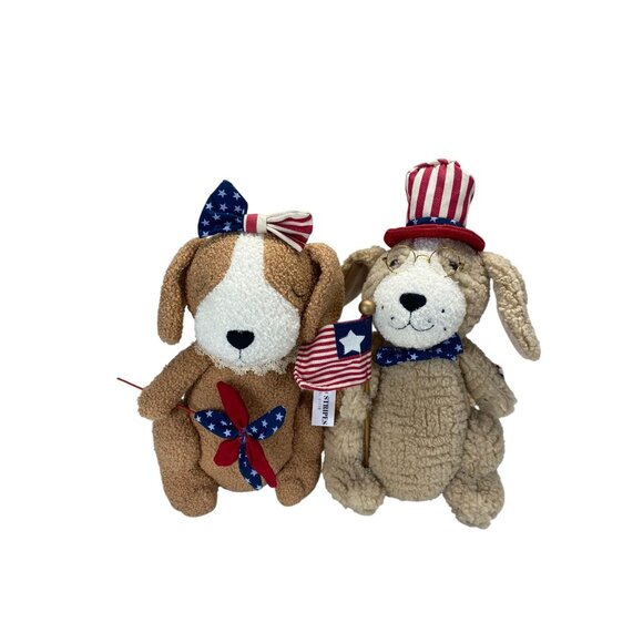 Patriotic Plush Dog Couple Girl and Boy With USA Flag & Accessories 4th of July - Picture 1 of 4